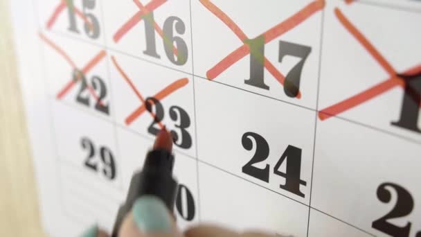 Die weibliche Hand kreuzt mit roter Markierung den Kalendertag 24. Zeitlupenaufnahme. Nahaufnahme - Filmmaterial, Video
