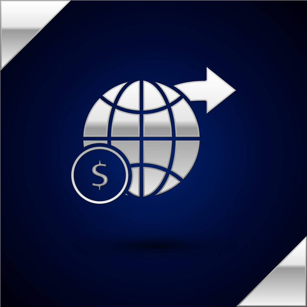 Ασημένια γήινη σφαίρα με το σύμβολο του δολαρίου απομονώνεται σε σκούρο μπλε φόντο. Ο κόσμος ή η γη. Παγκόσμιο σύμβολο του Διαδικτύου. Γεωμετρικά σχήματα. Απεικόνιση διανυσματικών φορέων - Διάνυσμα, εικόνα