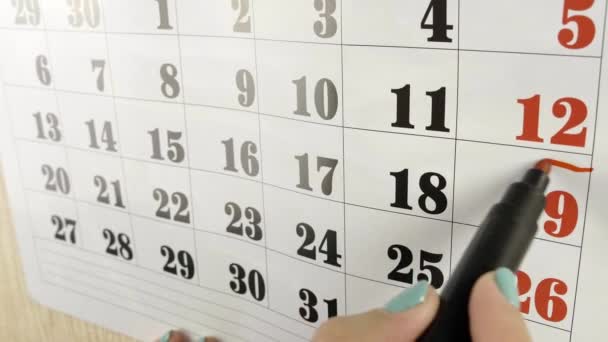 Női kéz bekeríti a piros jelölőt a naptári héten. Lassított felvétel. Közelről. - Felvétel, videó
