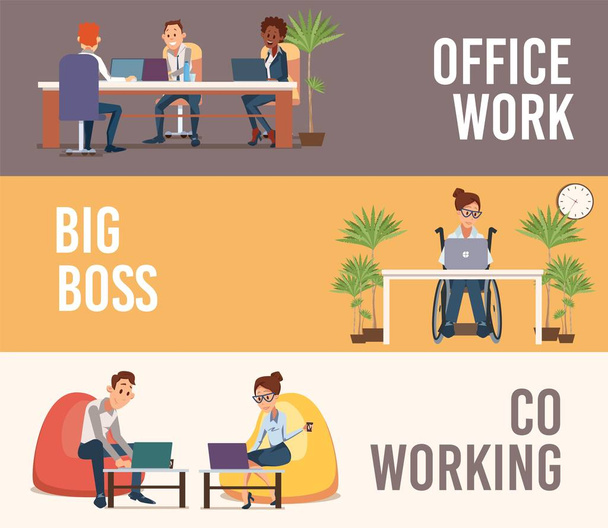 Businesspeople Office Work Flat Vector Banners set - ベクター画像
