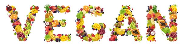 Szó vegán készült különböző gyümölcsök és bogyók - Fotó, kép