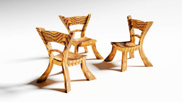 tři roztomilé a malebné kreslené dřevěné pohádkové židle, 3d rendering - Fotografie, Obrázek