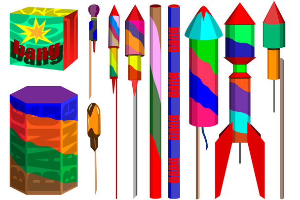 Imagem vetorial de um conjunto de fogos de artifício diferentes na forma de caixas, foguetes e paus. Adaptações para quaisquer feriados
. - Vetor, Imagem