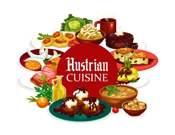 Austrian cuisine frame, food, drinks, dessert menu - Vector, Image