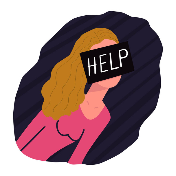 Dziewczyna prosi o pomoc. Na twarzy jest czarny kwadrat z tekstem Pomoc. Pojęcie molestowania seksualnego, urazu psychicznego, przemocy wobec ludzi. Niemożność rozwiązania problemu - Wektor, obraz
