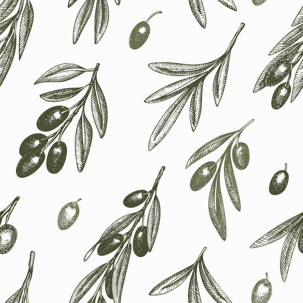 Olive branch seamless pattern. Hand drawn vector food illustrati - Vektori, kuva