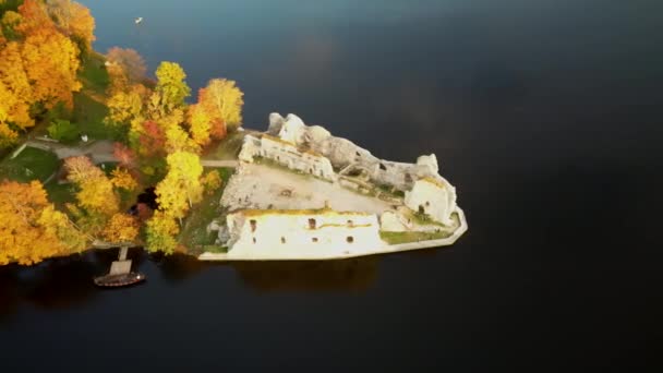 Podzimní letecký pohled Staré Koknese hrad Zříceniny a řeka Daugava Nachází se v Koknese Lotyšsko. Středověký hrad Zbytky. Letecký pohled na zříceninu starého kamenného hradu ze 13. století - Záběry, video