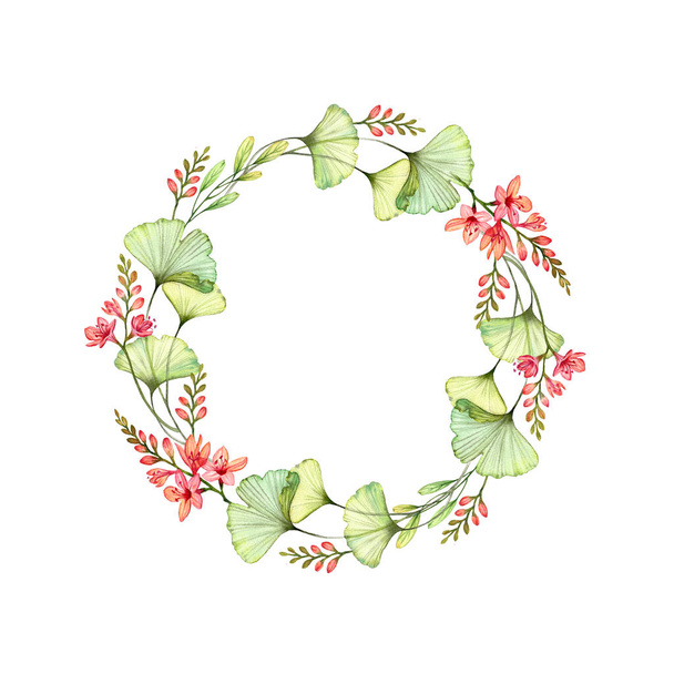 Watercolor floral wreath with freesia flowers, leaves and place for text. Colourful botanical hand painted illustration. Circular composition isolated on white for logo, wedding, greeting cards - Photo, Image