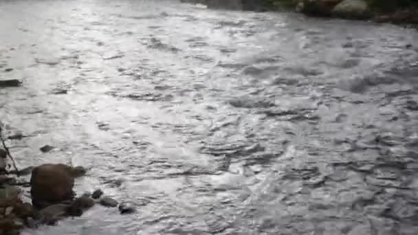 Вигляд на прісну річкову течію води повільно тече через природне кам'яне узбережжя з випаровуванням рано вранці. Чудова річка в сільській місцевості (Таїланд).. - Кадри, відео