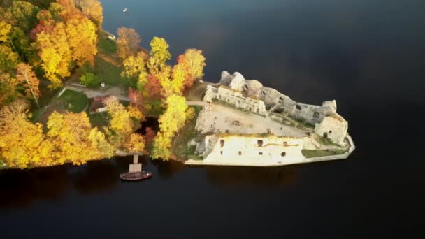 Koknese Letonya 'da bulunan Eski Koknese Kalesi ve Daugava Nehri Sonbahar Havacılık Görünümü. Ortaçağ Kalesi. 13. yüzyıldan kalma Eski Taş Kale Kalesinin Hava Görüntüsü - Video, Çekim