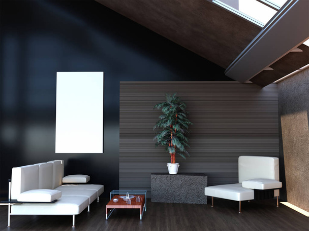 3D-Rendering des neuen Loft-Modells mit weißem Sofa - Foto, Bild