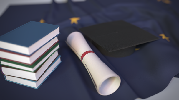 Boné de formatura, livros e diploma na bandeira do Alasca. Ensino superior nos EUA relacionados animação 3D conceitual
 - Filmagem, Vídeo