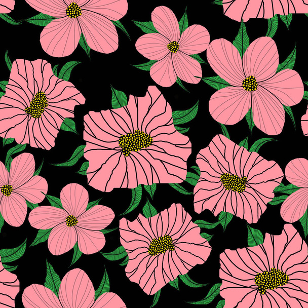 handgezeichnete künstlerische niedliche Blumen und Blätter auf schwarzem Hintergrund. Rosa florales Muster aus Textilstoff. - Abbildung - Foto, Bild