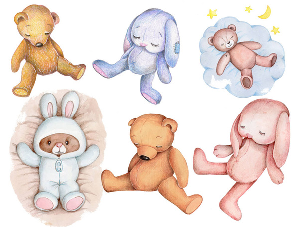 Ilustrace akvarelů. Sada roztomilých karikatur na spaní. Medvídci a králíci králíčci.Pro miminko a děti. - Fotografie, Obrázek
