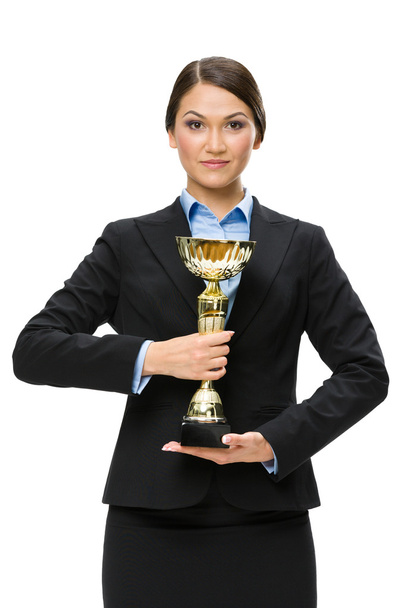 Half-length portrait of female manager with golden cup - Foto, Bild