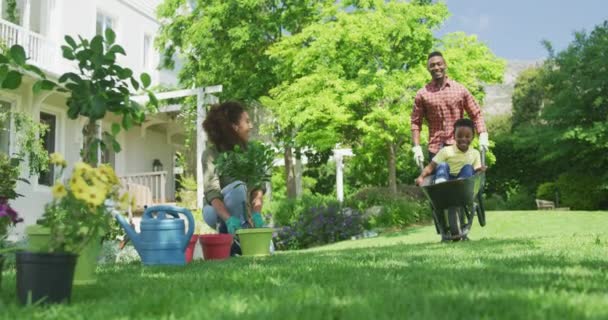 Front view of a happy African American couple and their young son in the garden, the man running, pushing his son in a wheelbarrow while the mother watches smiling, slow motion - Video
