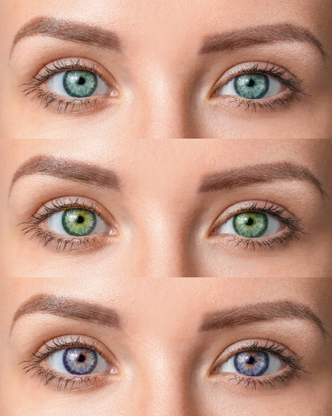 Weibliche Augen mit unterschiedlichen Kontaktlinsen - Foto, Bild