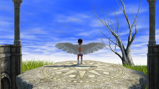Az ősi oltár, amelyen áll egy lány angyali szárnyai tollak és nézd meg a távolságot a természetben. Kék felhők - Fotó, kép