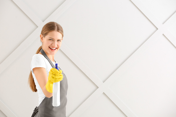 Жіночий прибиральник на сірому фоні
 - Фото, зображення