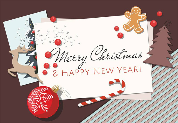 Újévi és karácsonyi háttér üdvözlőkártyával, sütivel és karácsonyi játékokkal. Felülnézet. - Vektor, kép