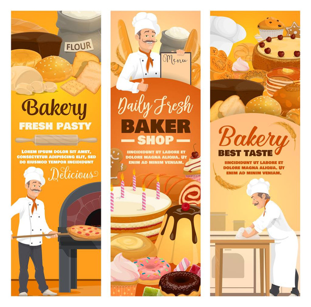 Хлеб и десерты, еда в пекарне, пекарь в шляпе
 - Вектор,изображение