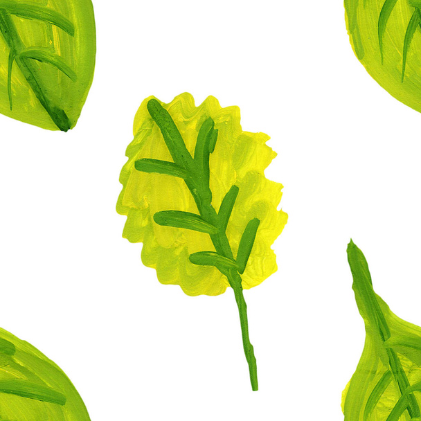 Sommer gelb grün Blätter Zweig Gouache Zeichnung nahtlose Muster - Foto, Bild