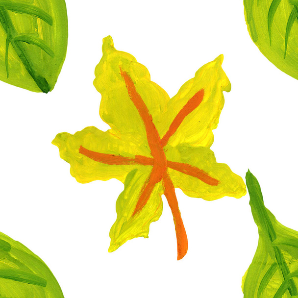 lato żółty zielony liście gałąź gwasz rysunek bezszwowy wzór - Zdjęcie, obraz