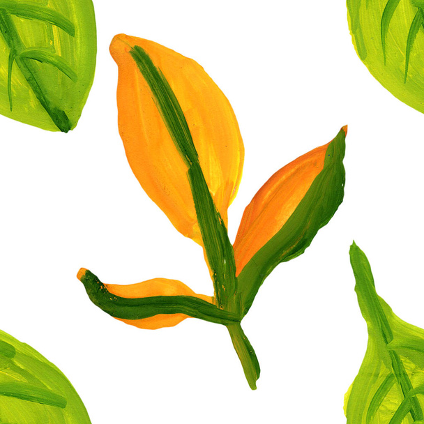 autumn green orange leaves branch gouache drawing seamless pattern - Foto, afbeelding