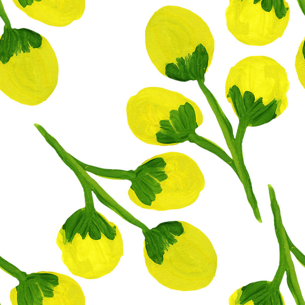 summer yellow flowers green branches gouache drawing seamless pattern - Zdjęcie, obraz