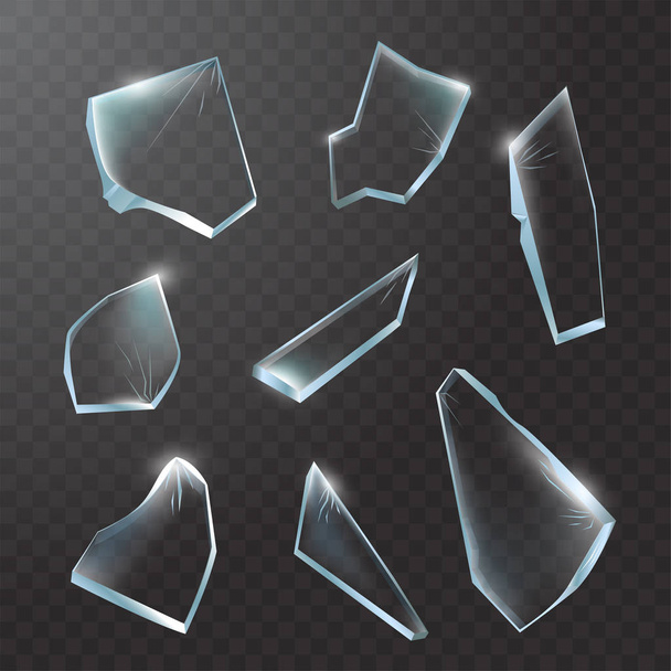 Broken glass pieces. Shattered glass on transparent background. Vector realistic illustration - Vetor, Imagem
