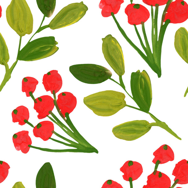 rote Beeren grüne Blätter nahtloses Muster - Foto, Bild