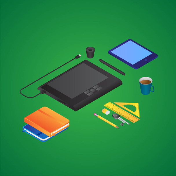 3D Render of Designing tools like as Pen Tab with Smartphone, Bo - Vector, Imagen