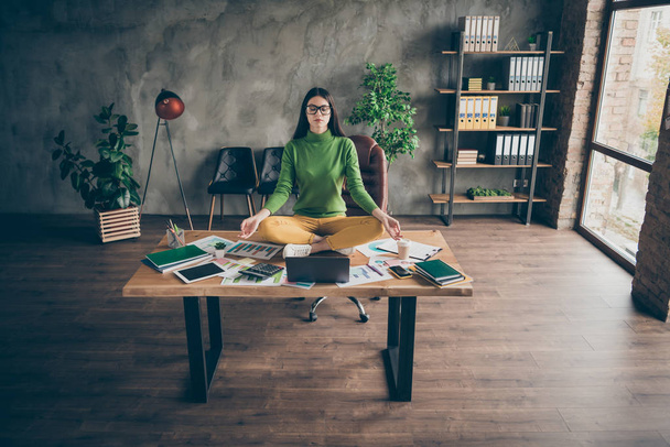 Portrait of her she nice attractive experienced professional focused girl agent broker meditating training self developing at modern loft industrial interior workplace station indoors - Fotoğraf, Görsel