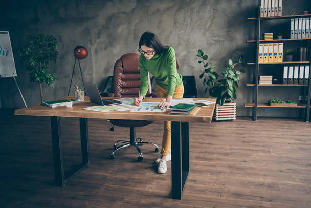 Portrait of her she nice attractive pretty smart clever skilled experienced focused girl preparing data report finance result at modern loft industrial interior work place station indoors - Foto, Imagem