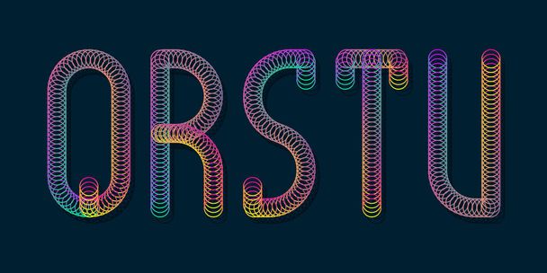 Q, R, S, T, U iriserende letters van glanzende ringen. Glowing spiral lettertype. - Vector, afbeelding