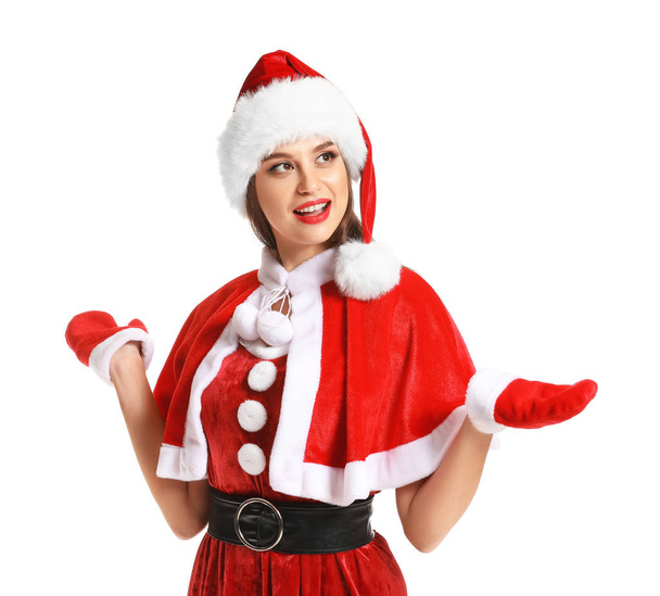 Kaunis nuori nainen Santa puku valkoisella taustalla
 - Valokuva, kuva