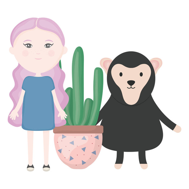 χαριτωμένο μαϊμού και κορίτσι με εξωτικό κάκτο σε κεραμική κατσαρόλα - Διάνυσμα, εικόνα