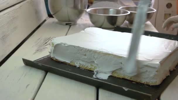 Icing een taart met een witte crème. - Video