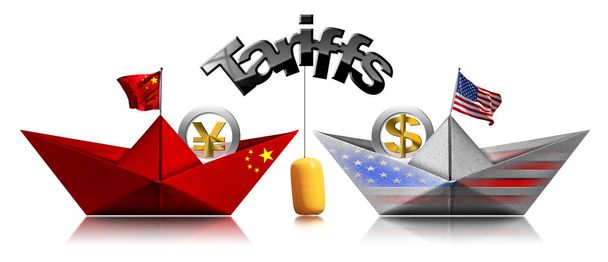 USA a Čína obchodní válka - dva papírové čluny s vlajkou a měnou - Fotografie, Obrázek
