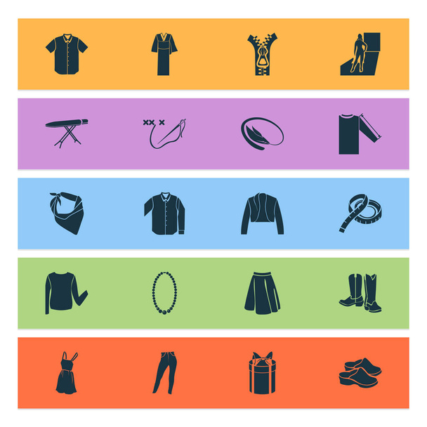 Fashion design icons set with short sleeve shirt, high waist jeans, zipper and other model lady elements. Isolated illustration fashion design icons. - Photo, Image
