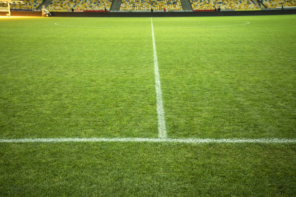 Yeşil çimenli ve işaretli futbol sahası. Futbol sahası. Sahada beyaz çizgi işaretleri.  - Fotoğraf, Görsel