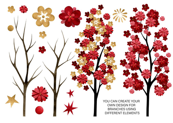 Zestaw akwarelowych elementów kwiatów i gałęzi chińskiej śliwki i brzoskwini. Chiński styl ręcznie rysowane gałęzie na karty, wzory, papier pakowy i własny projekt. - Zdjęcie, obraz