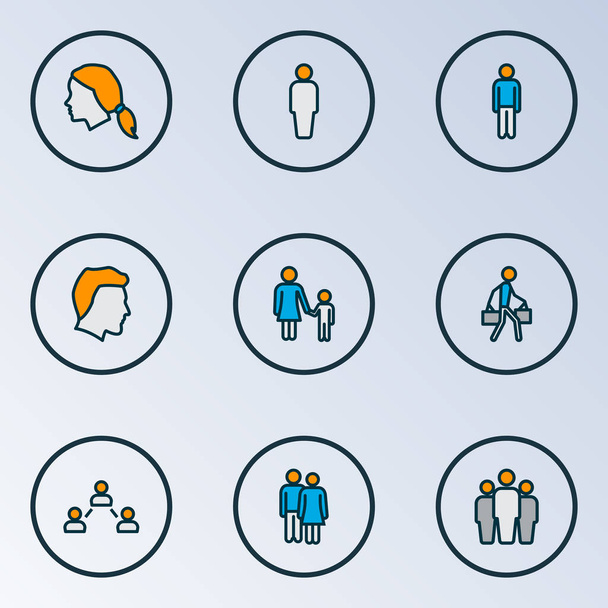 Люди иконы цветные линии набор с социальными отношениями, команда, пользователь и другие мужские элементы. Изолированные иконки людей
. - Фото, изображение