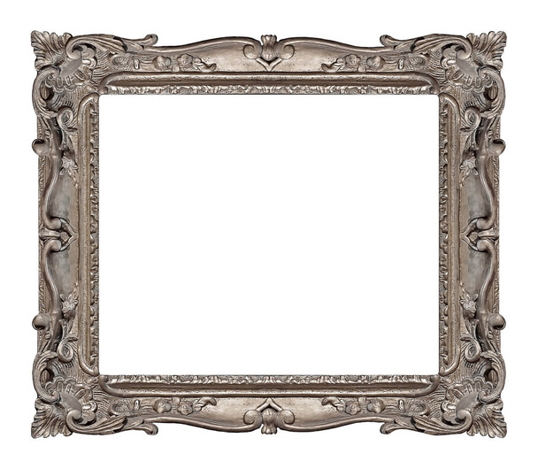 Серебряная рамка для картин, зеркал или фотографий на белом фоне. Элемент дизайна с траекторией обрезки - Фото, изображение
