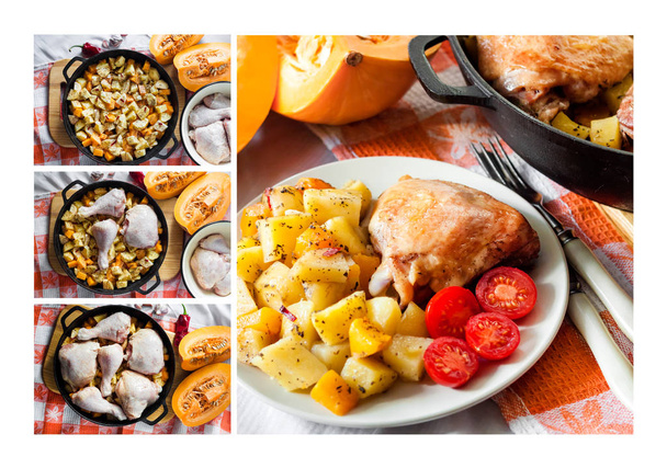 Cooking one-pot meal - chicken thighs and legs with potatoes and pumpkin - Photo, Image