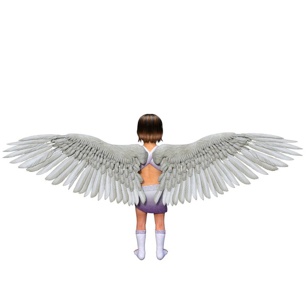 Egy kislány tollas angyal szárnyakkal a hátán. Visszafordult a kamerába. A szárnyai szétszóródtak. - Fotó, kép