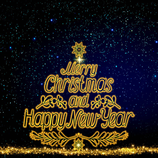 Merry Christmas background with golden fir tree and star sky. - Photo, Image
