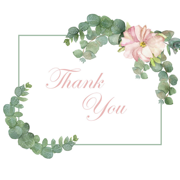 Watercolor hand painted nature floral squared border frame with green eucalyptus leaves and branches, pink peony flower on the white background with thank you text for thankful and greeting cards - Photo, image