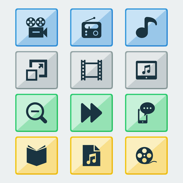 Conjunto de iconos multimedia con cámara, libro de texto, vídeo y otros elementos de tableta. Iconos de medios de ilustración aislados
. - Foto, imagen