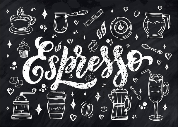 Hand lettering name of coffee with sketch for coffee shop or cafe. Hand drawn vintage typography phrase, isolated on white background. Vector - Διάνυσμα, εικόνα